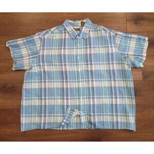 Cafe Luna Shirt Mens Size 3XL Blue Plaid Button Up Ramie Cotton FLAW